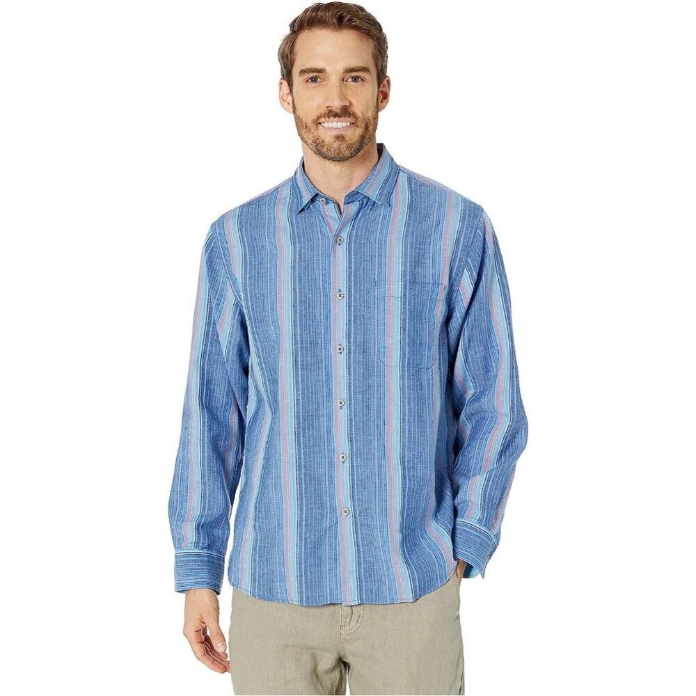 Tommy Bahama Coastal Blue Striped Button Front LOng Sleeve Shirt Men Size Large